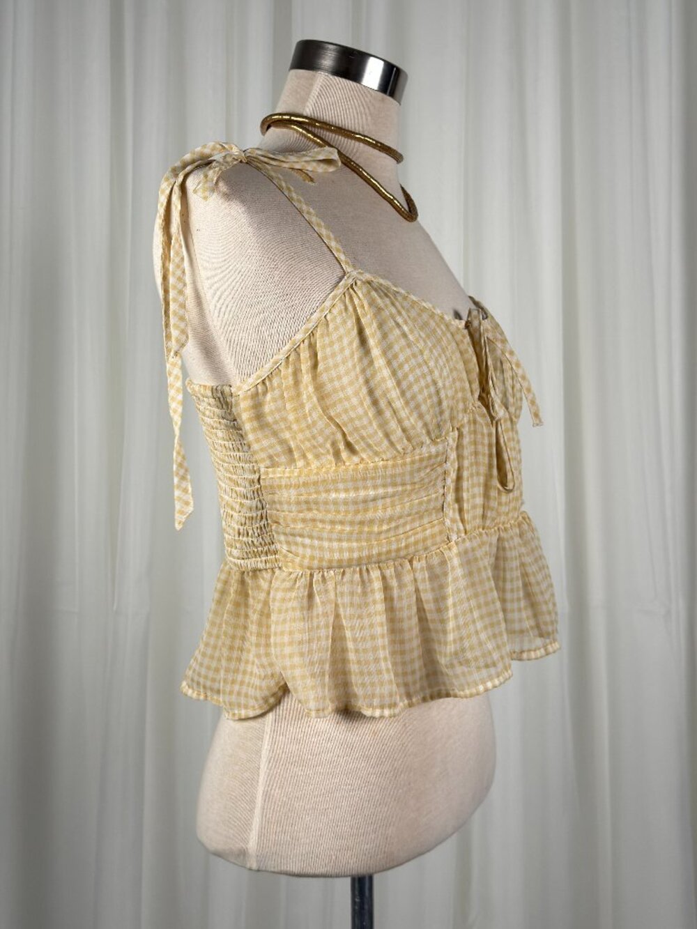 AE corset peplum yellow cream gingham cropped blouse small - Picture 3 of 6